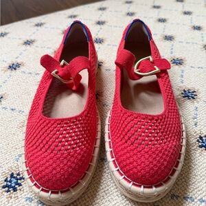Rothy's Red Knit Mary Jane Flats with Gold Buckle